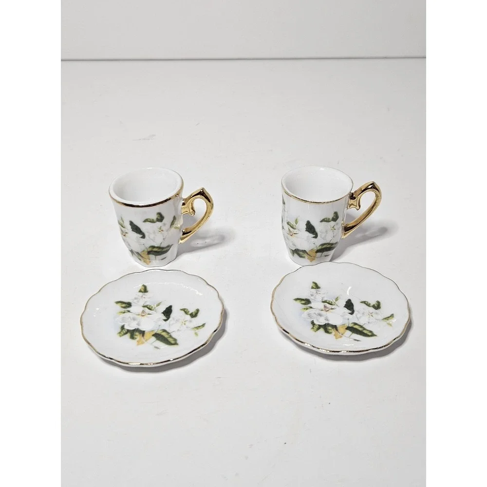 Mini Bone China Tea Set White Floral Gold Gilt Footed Cups Creamer Teapot 7pc